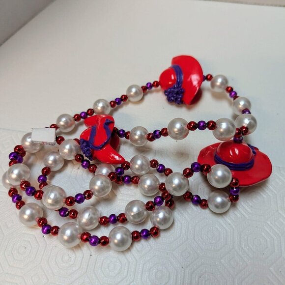 Purple & RED HAT SOCIETY Beaded NECKLACE Faux Pearl 40" Handmade Signed - Picture 2 of 9